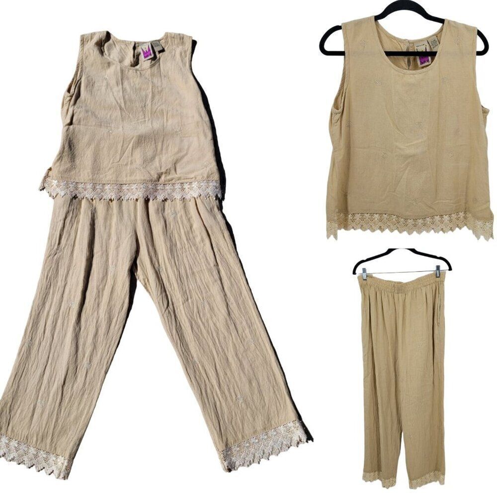 Vintage 2pc Linen Pants Outfit M Elastic High Rise Wide Pockets Lace Trim Tank‎